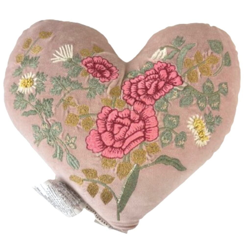 Pottery Barn Velvet Embroidered Heart Shaped Pillow Blush Pink Cottagecore Rare